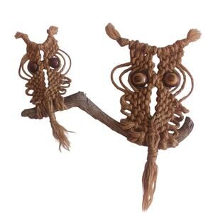 Vintage 1970s macrame owls on wooden branch wall art hanging boho hippie retro